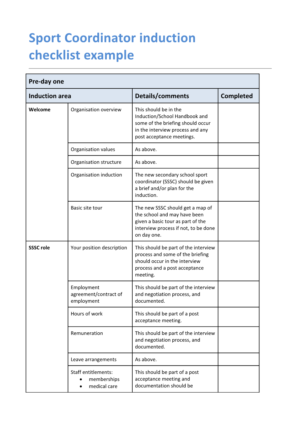 Sport Coordinator Induction Checklist Example