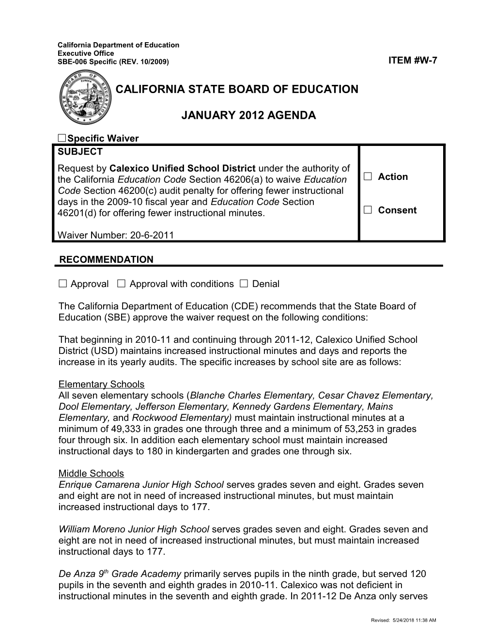 January 2012 Agenda Item W7 - Meeting Agendas (CA State Board of Education)