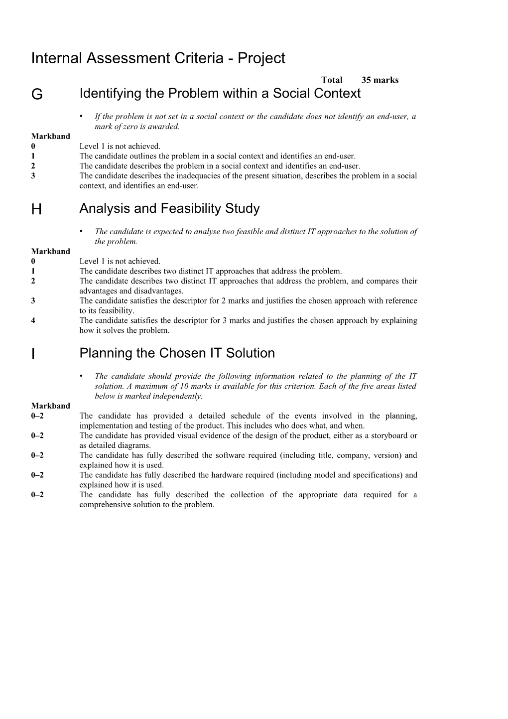 Internal Assessment Criteria - Project