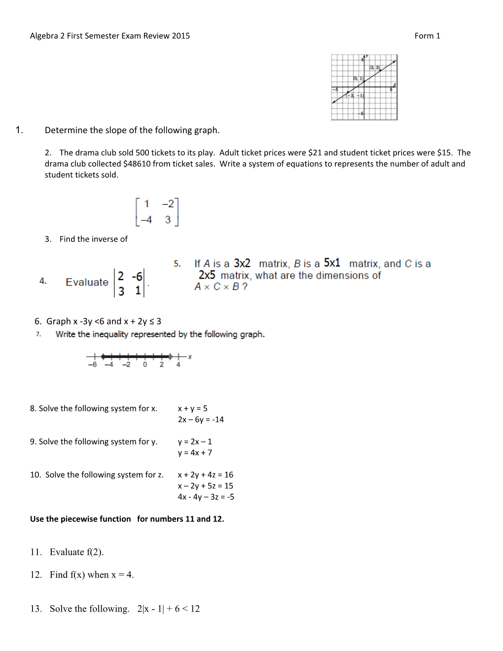 Algebra 2 First Semester Exam Review 2015Form 1