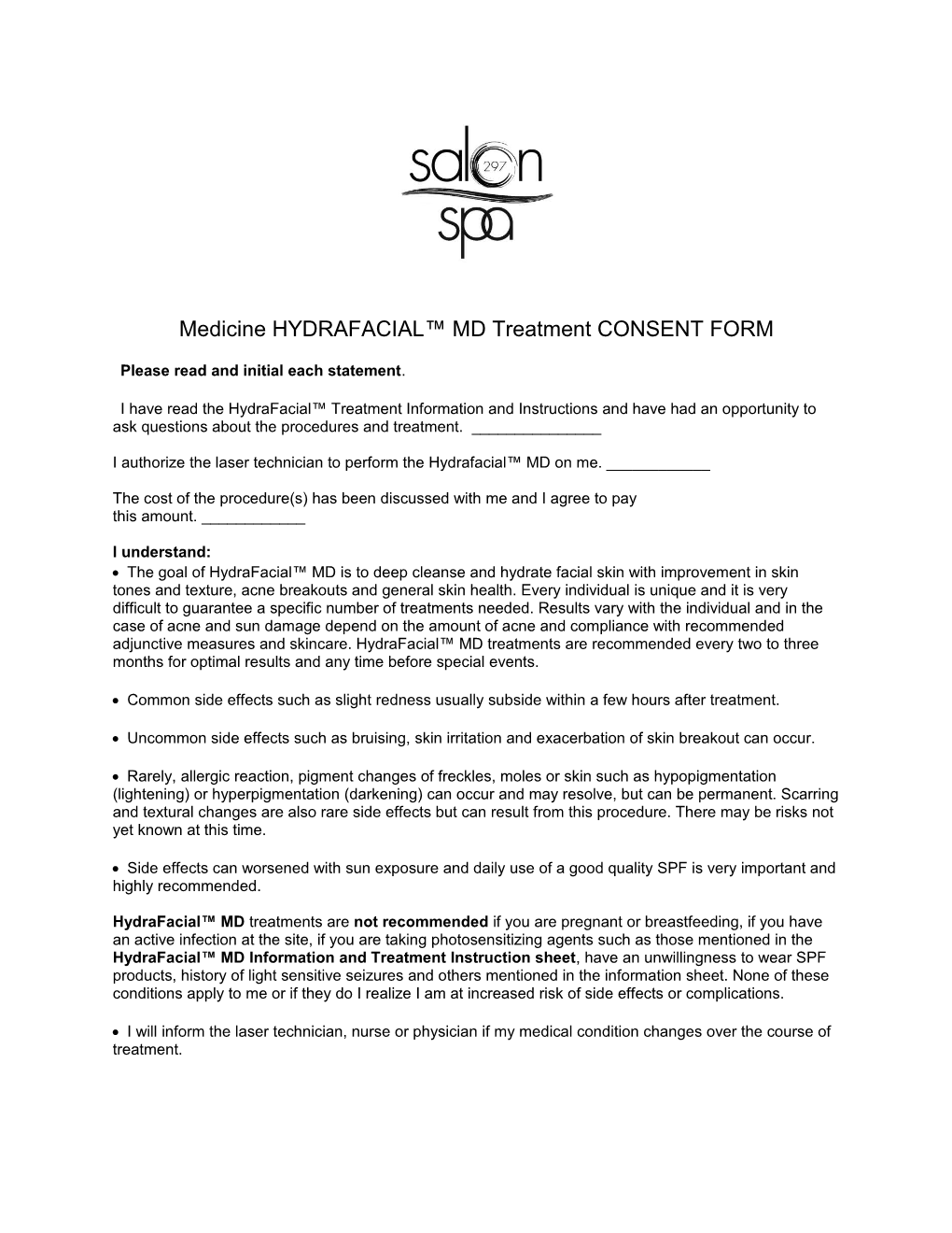 Medicine HYDRAFACIAL MD Treatment CONSENT FORM