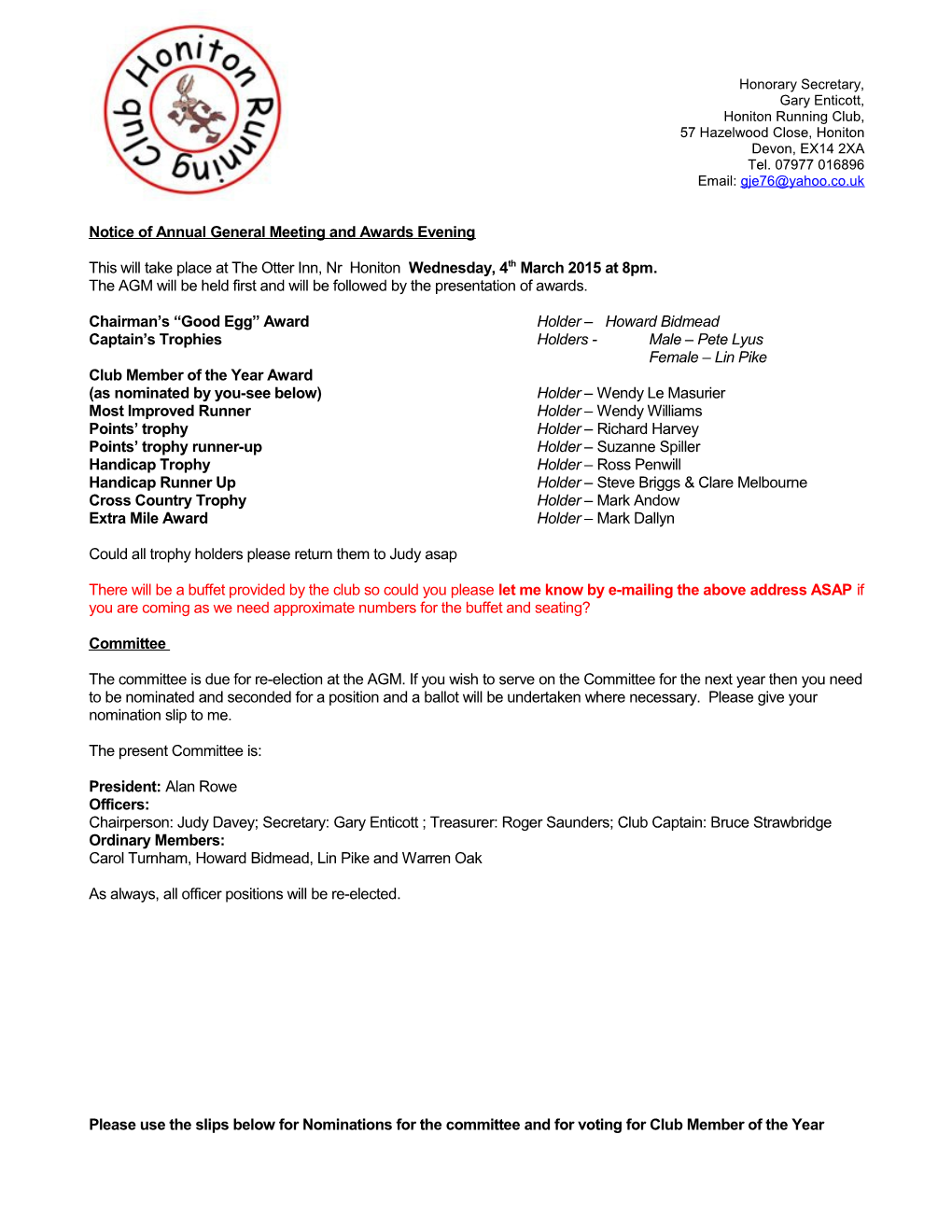 Notice of Annual General Meeting and Awards Evening
