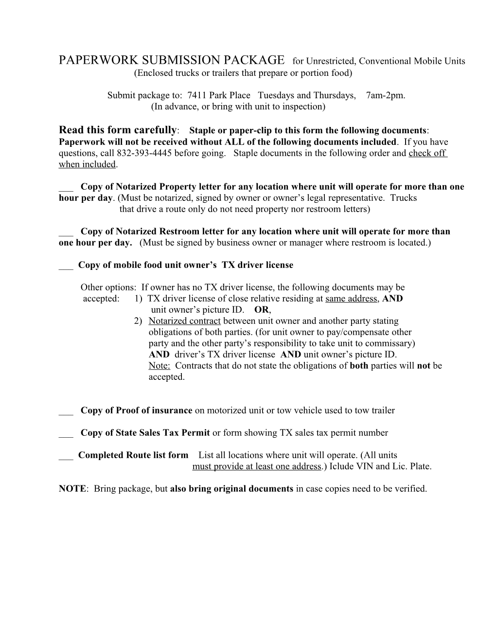 PAPERWORK SUBMISSION PACKAGE for Unrestricted, Conventional Mobile Food Units