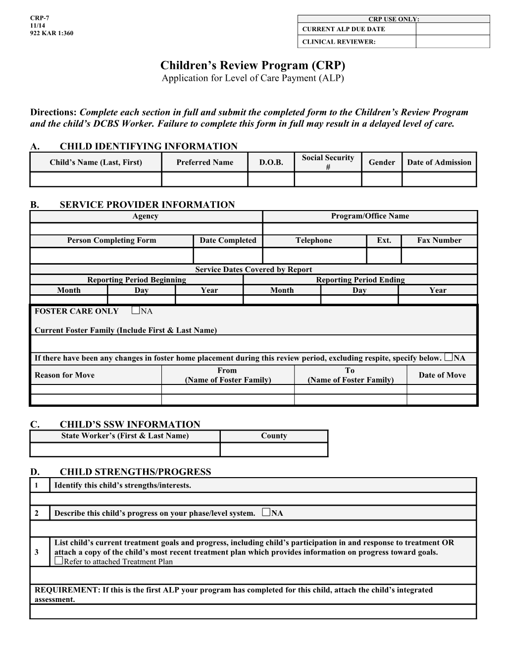 Application for Level of Care Payment