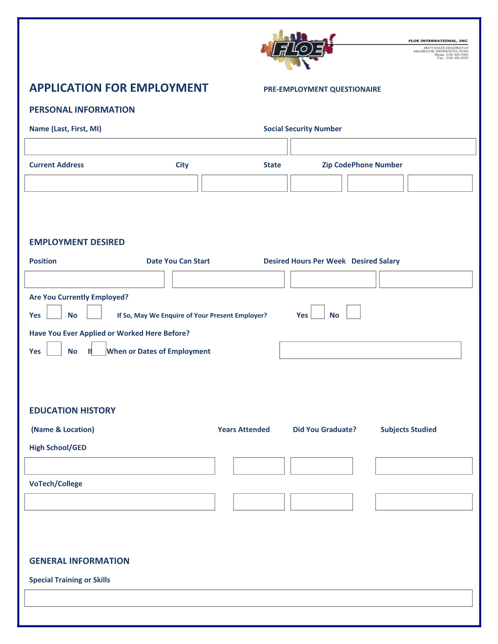 Application for Employment Pre-Employment Questionaire