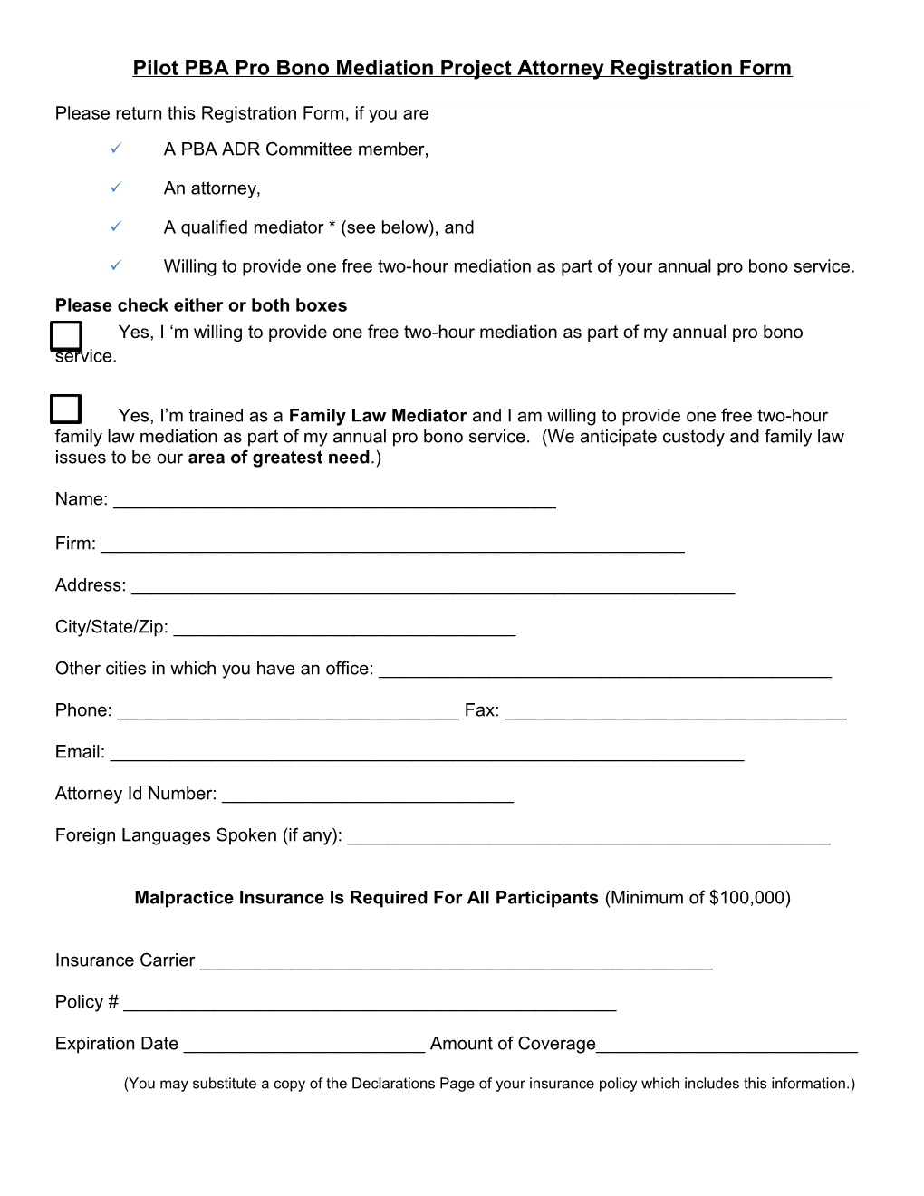 Pilot PBA Pro Bono Mediation Project Attorney Registration Form