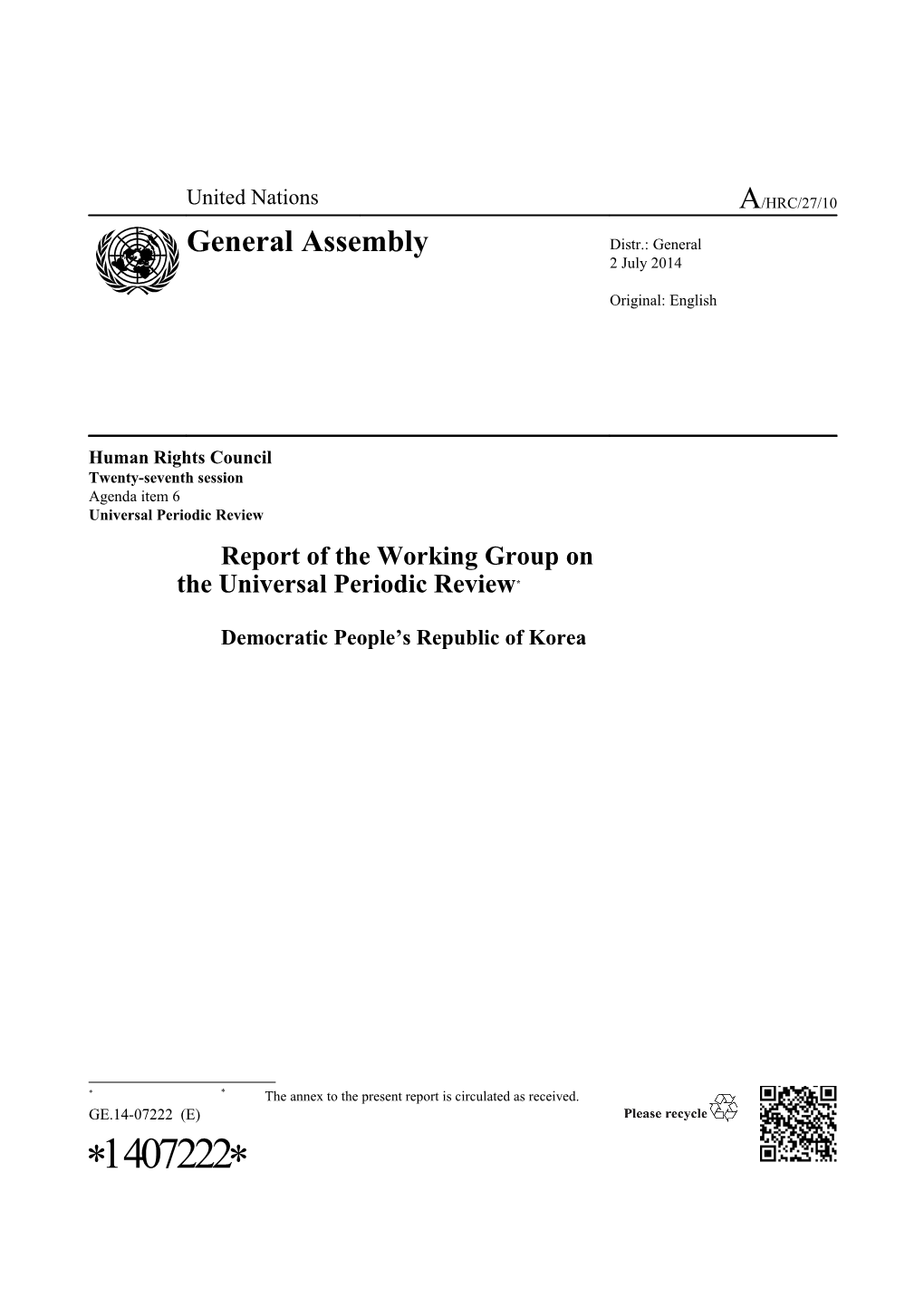 Report of the Working Group on the Universal Periodic Review - Democratic People's Republic