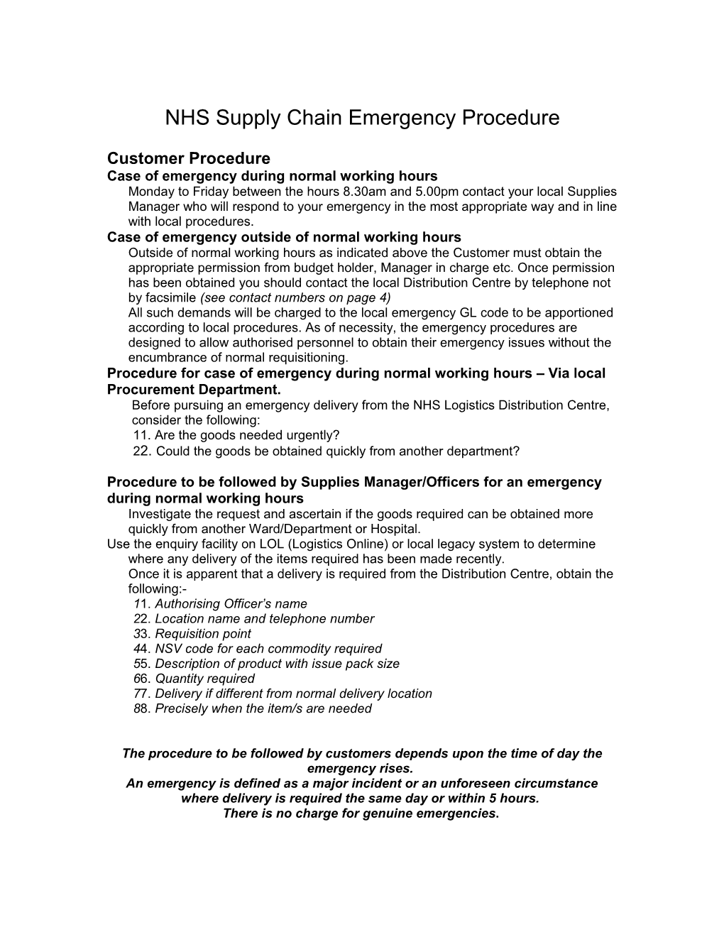 NHS Supply Chain Emergency Procedure