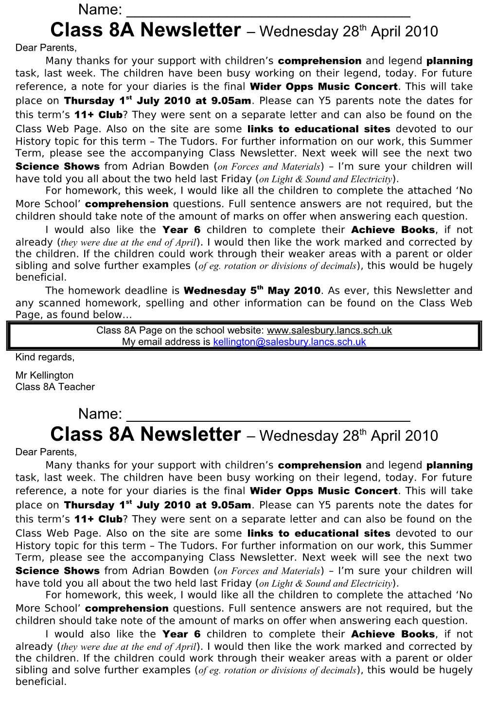 Class 8A Newsletter Wednesday 28Th April 2010