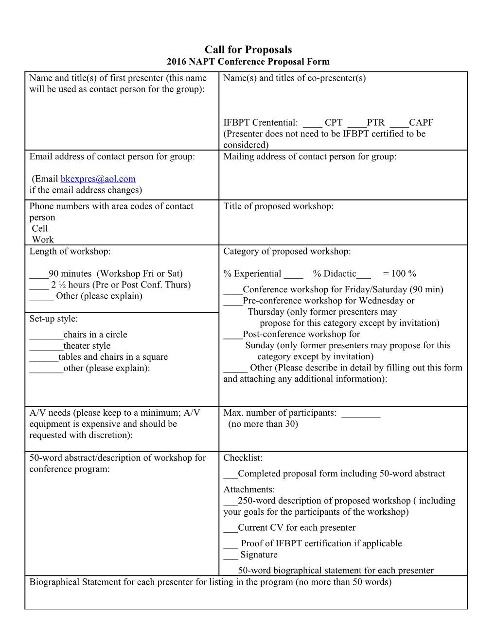 2016 NAPT Conference Proposal Form