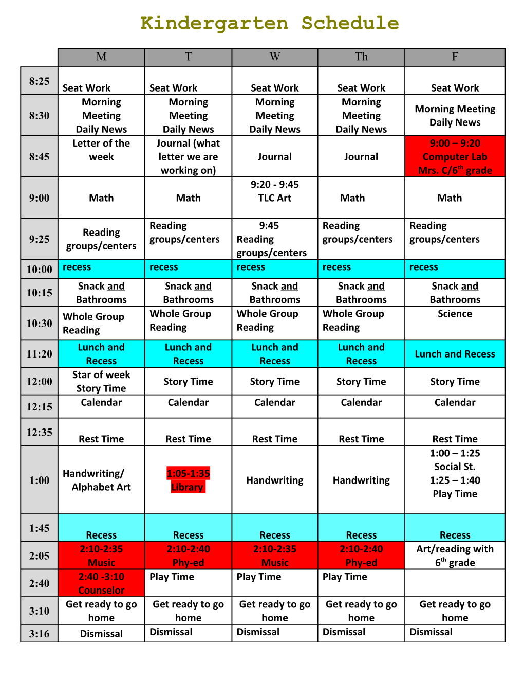 Kindergarten Schedule