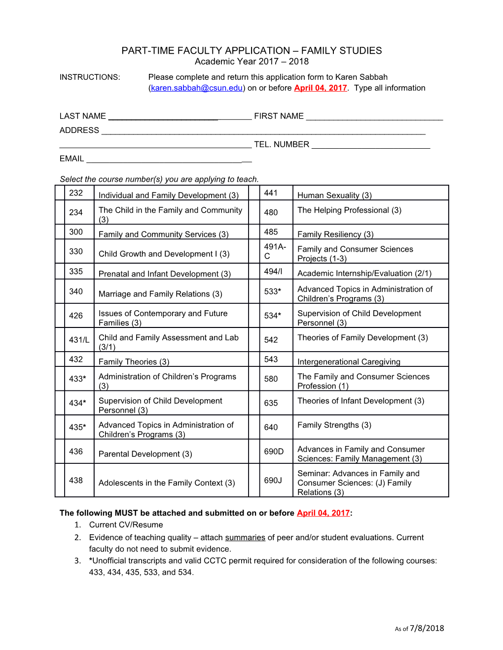 Part-Time Faculty Application Family Studies