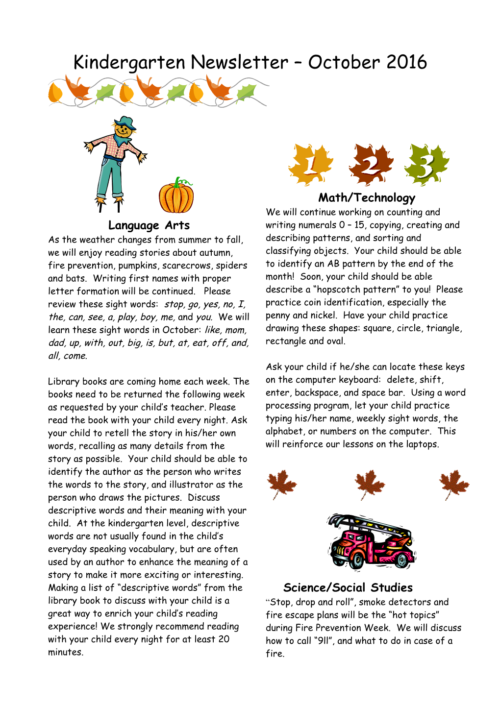 Kindergarten Newsletter October 2016