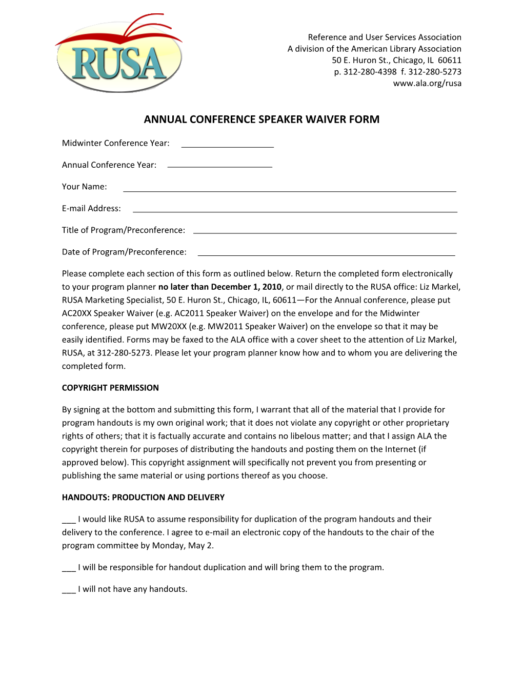 2010 Annual Conference Speaker Waiver Form