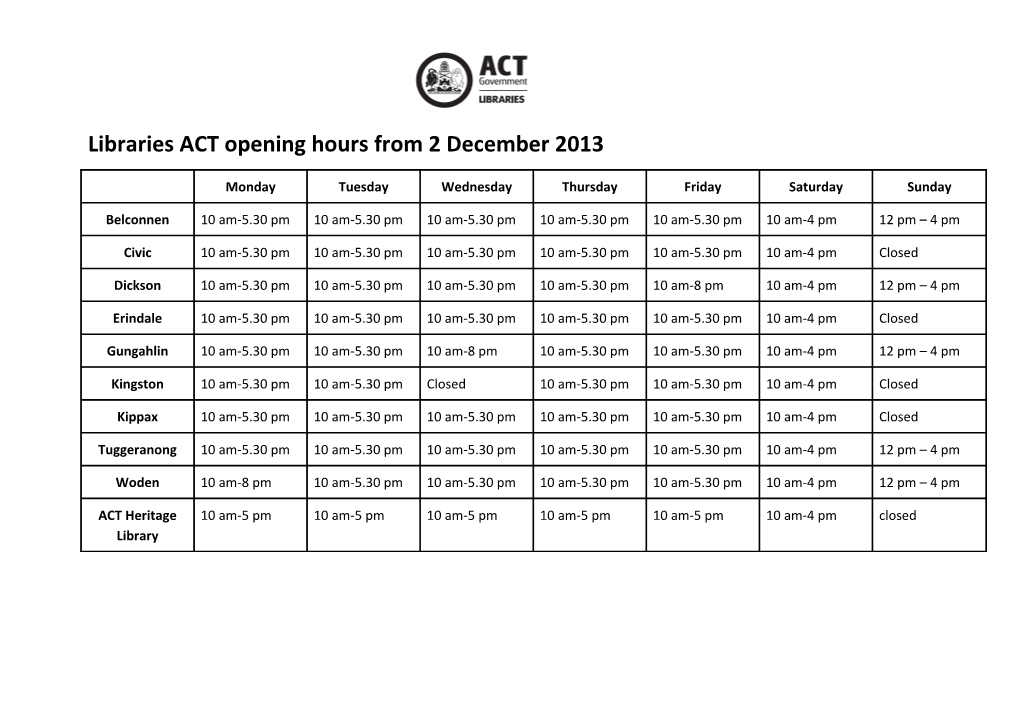 Libraries ACT Opening Hours from 1 December