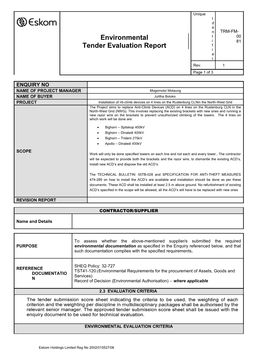 Appendix A: Non Conformance Form