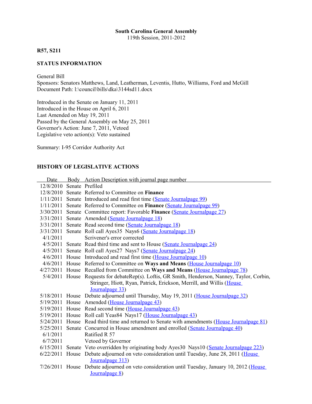 2011-2012 Bill 211: I-95 Corridor Authority Act - South Carolina Legislature Online