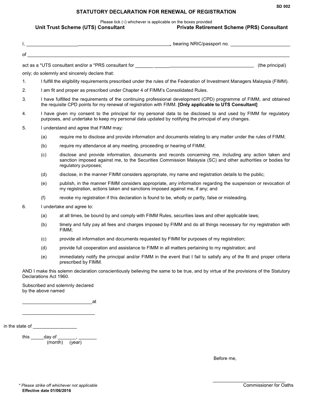 Statutory Declaration for Renewal of Registration