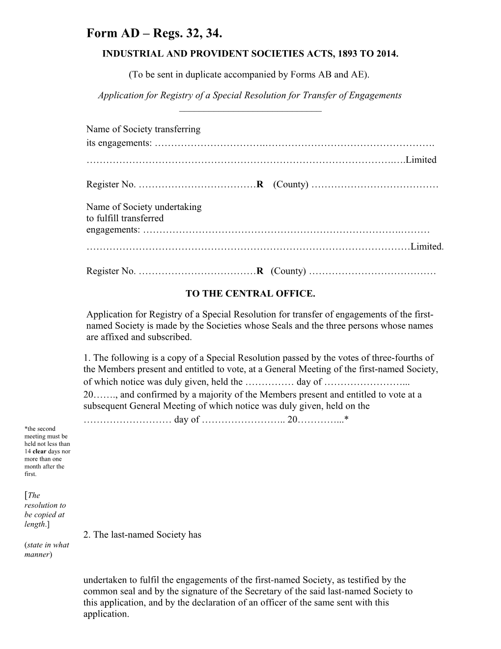 Form AD Application for Registry of a Special Resolution for Transfer of Engagements