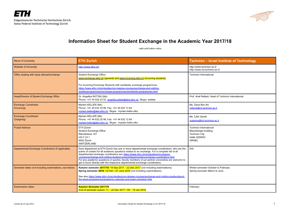 Information Sheet for Student Exchange in the Academic Year 2017/18