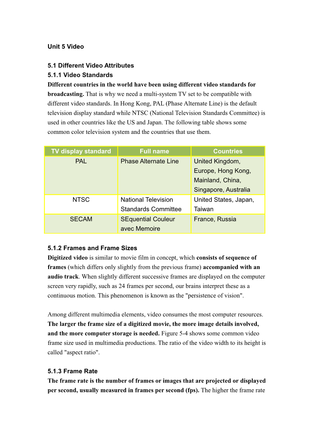 5.1 Different Video Attributes