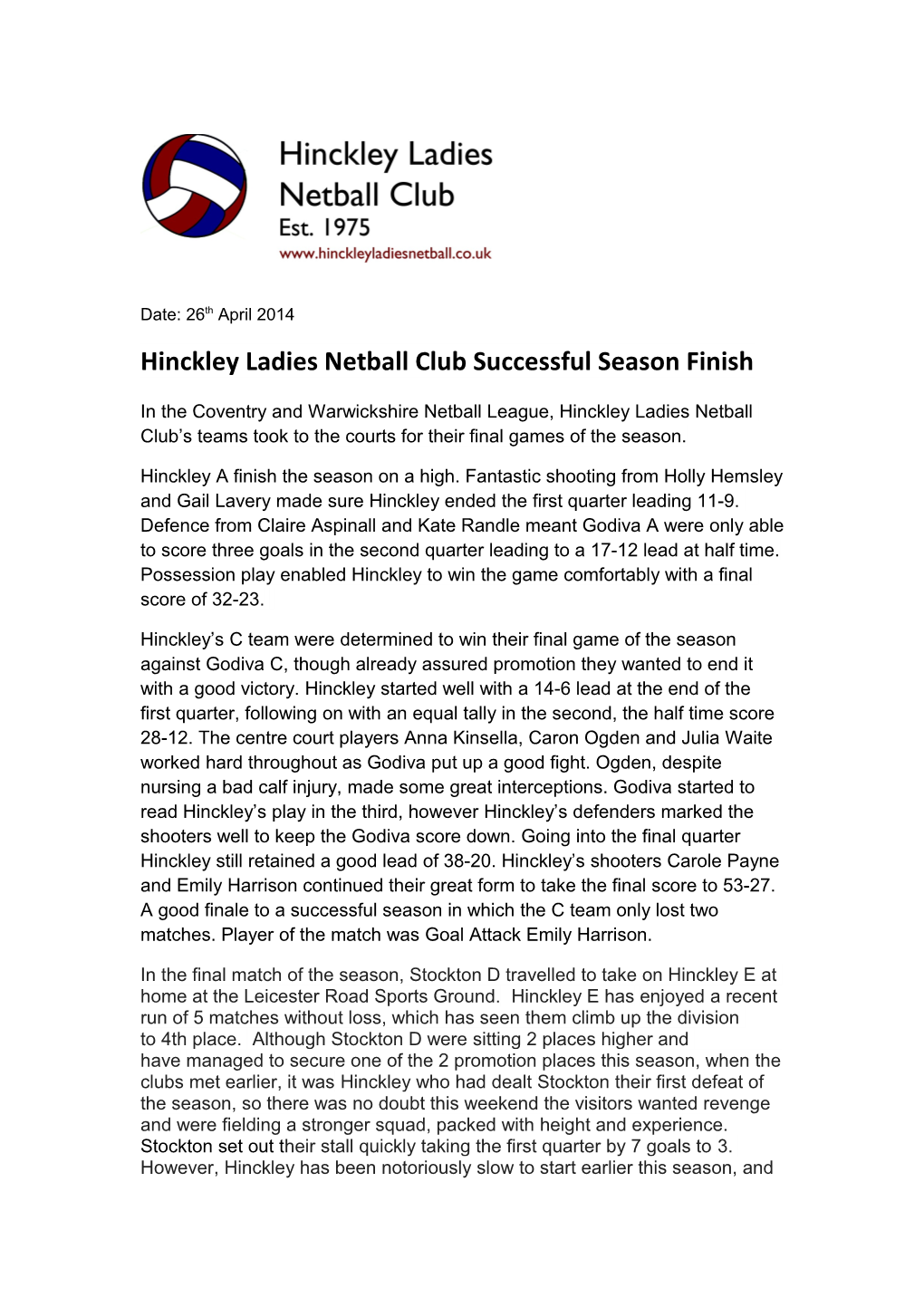 Hinckley Ladies Netball Club Start the New Season with A s1
