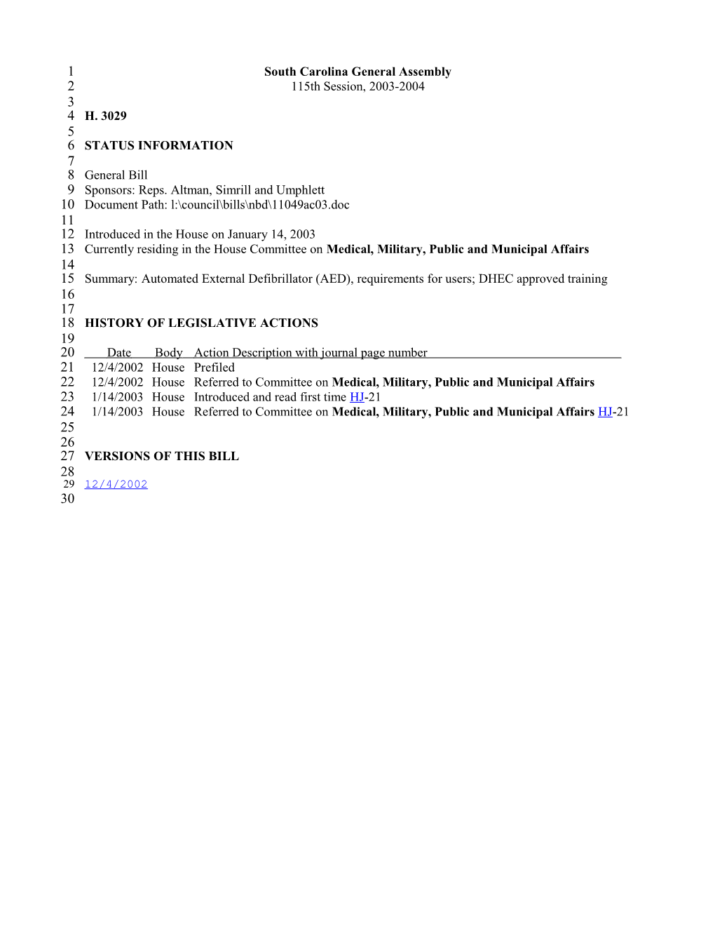 2003-2004 Bill 3029: Automated External Defibrillator (AED), Requirements for Users; DHEC