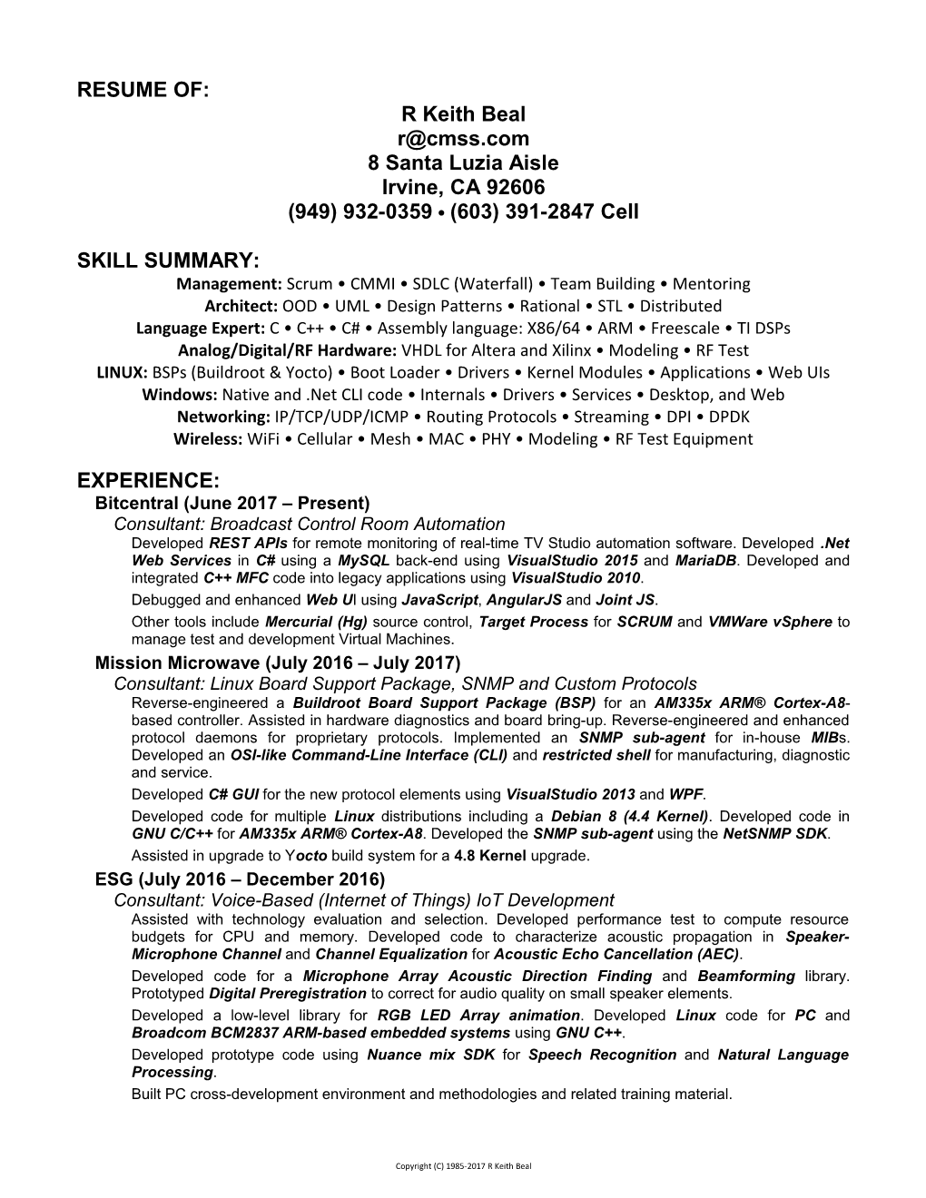 Resume of R. Keith Beal