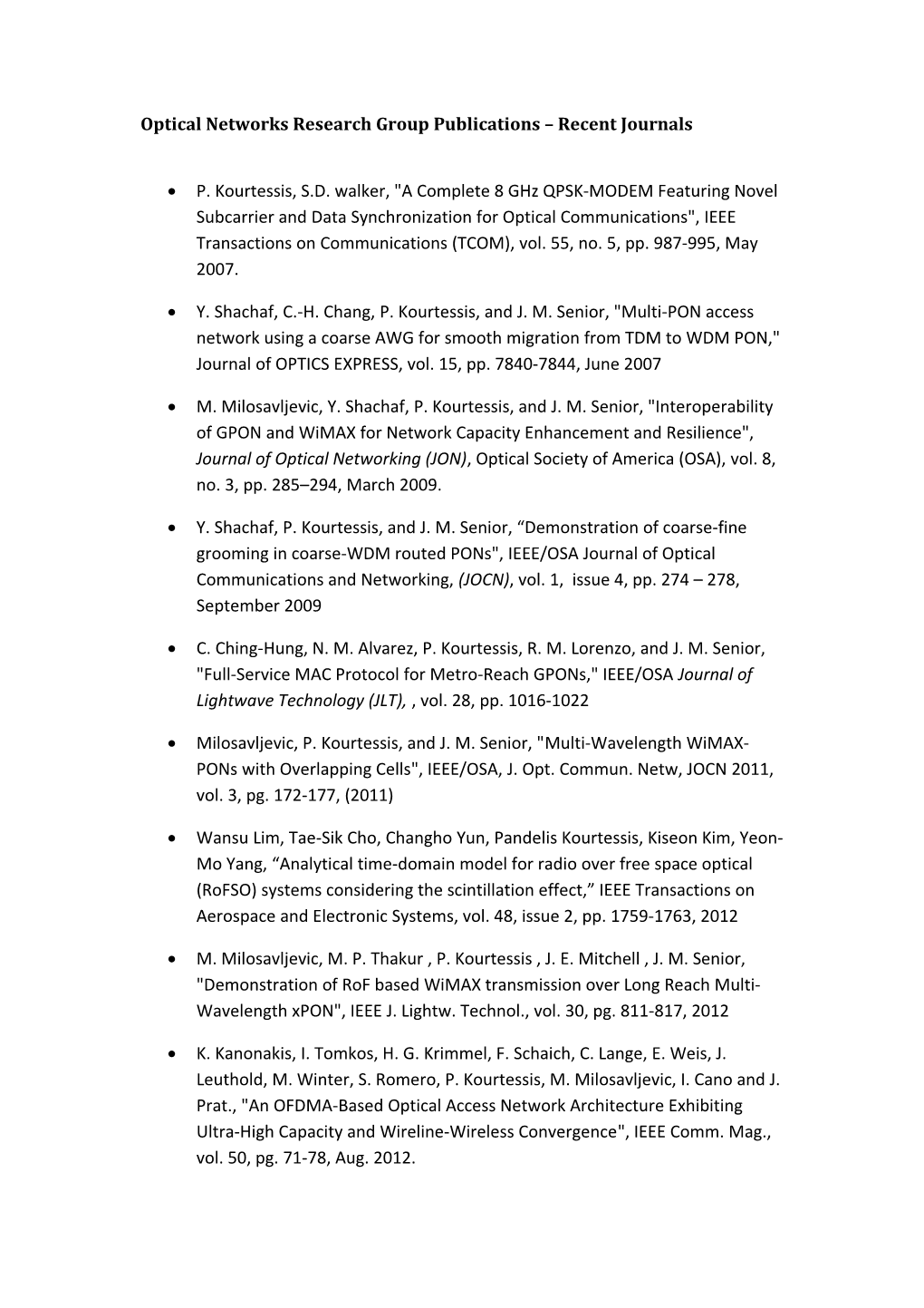 Optical Networks Research Group Publications Recent Journals