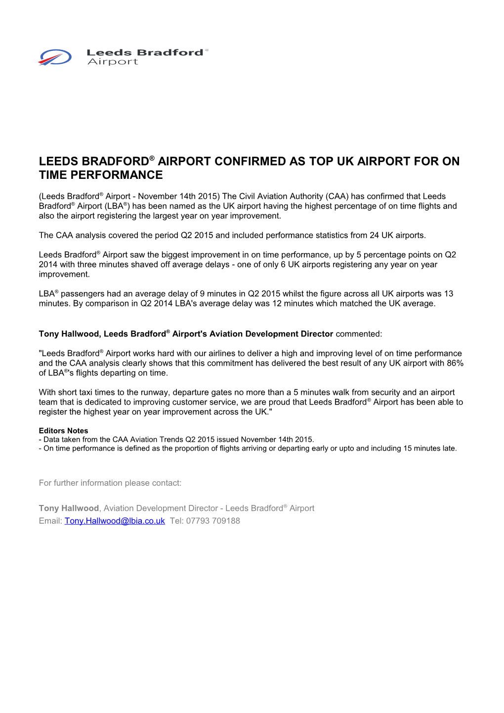 Leeds Bradford Airport Confirmed As Top Uk Airport for on Time Performance