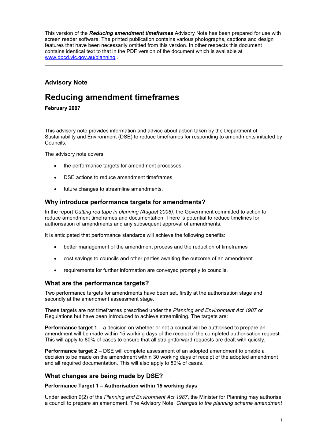 Reducing Amendment Timeframes Advisory Note