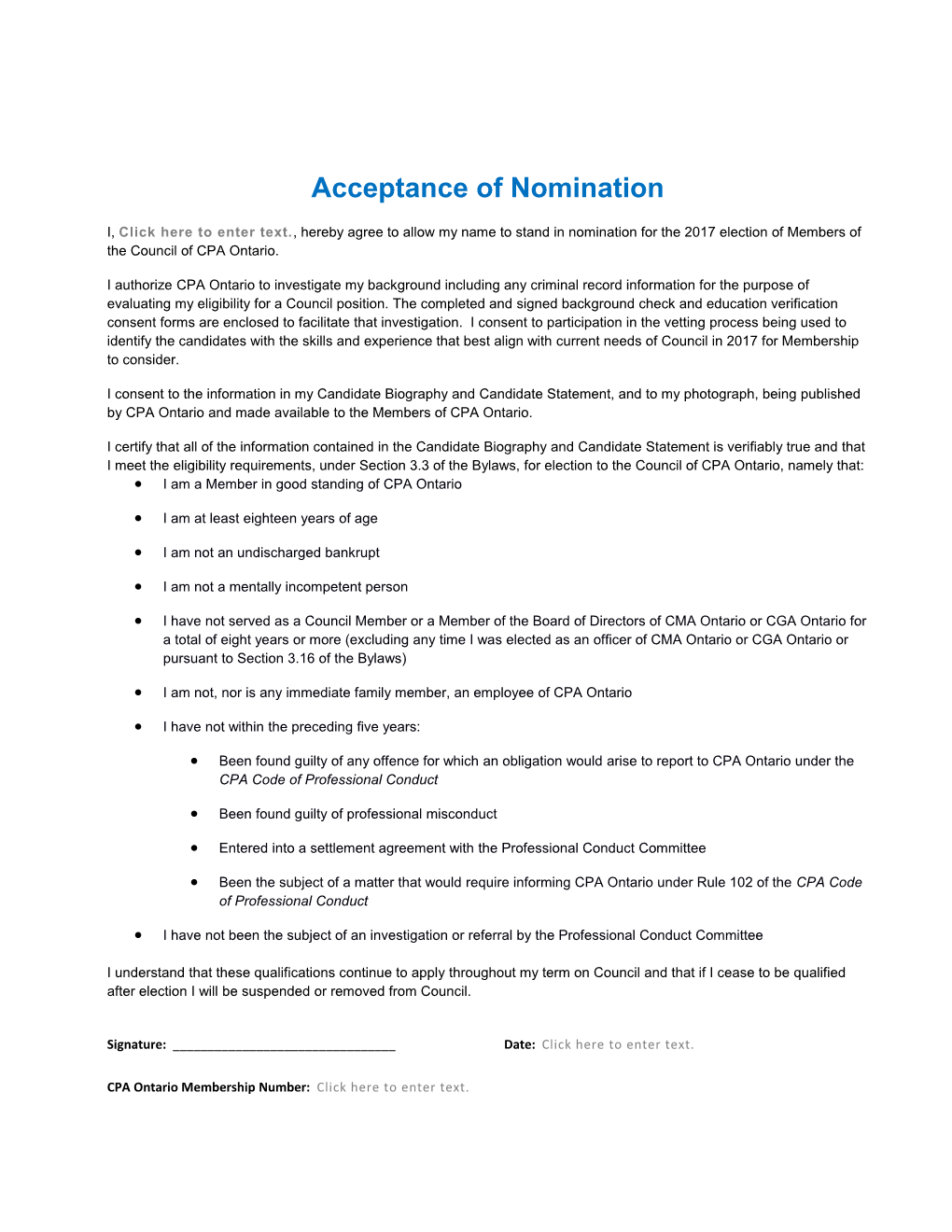 Acceptance of Nomination