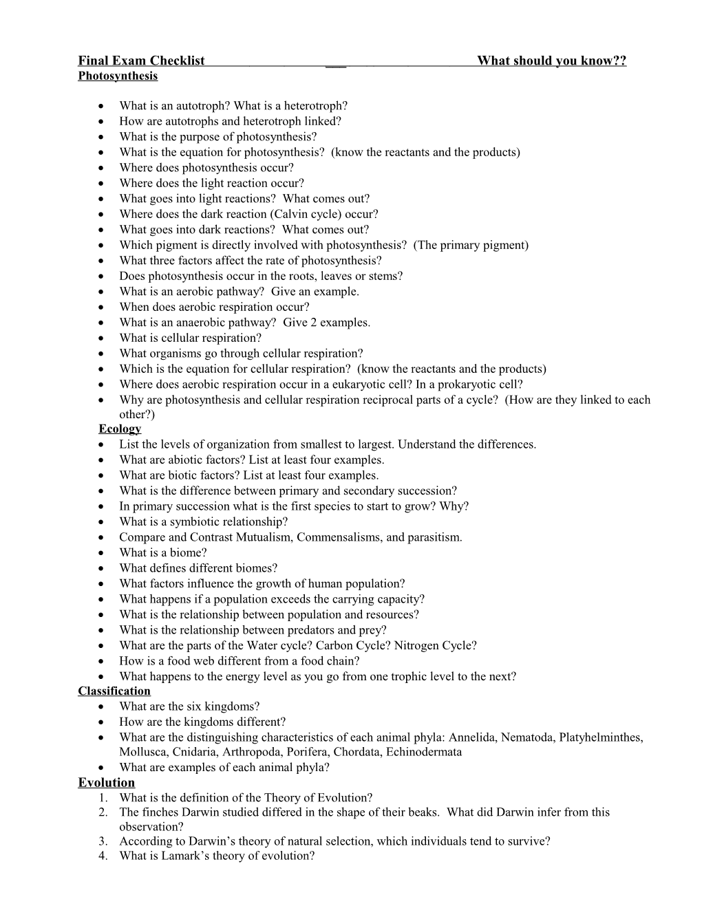 Final Exam Checklist ___ What Should You Know