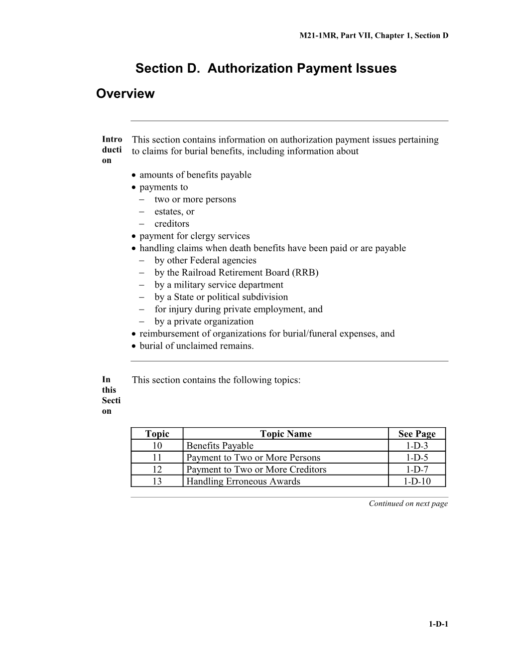 M21-1MR, Part VII, Chapter 1, Section D. Authorization Payment Issues