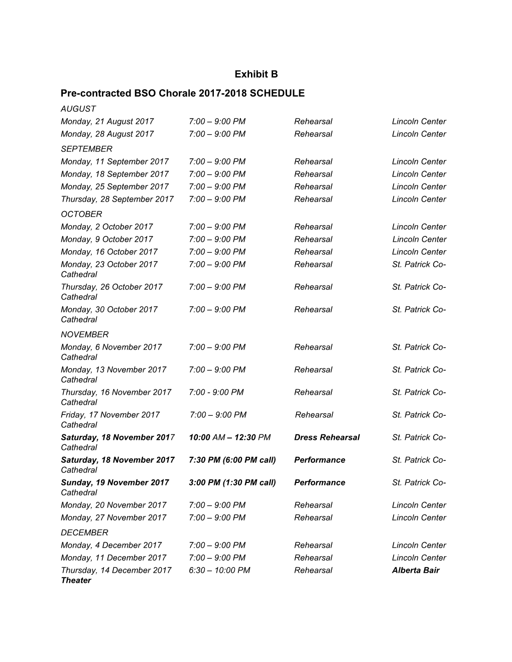 Pre-Contracted BSO Chorale 2017-2018 SCHEDULE