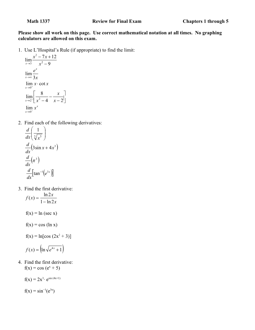 Math 1309-001: Review for Exam #4