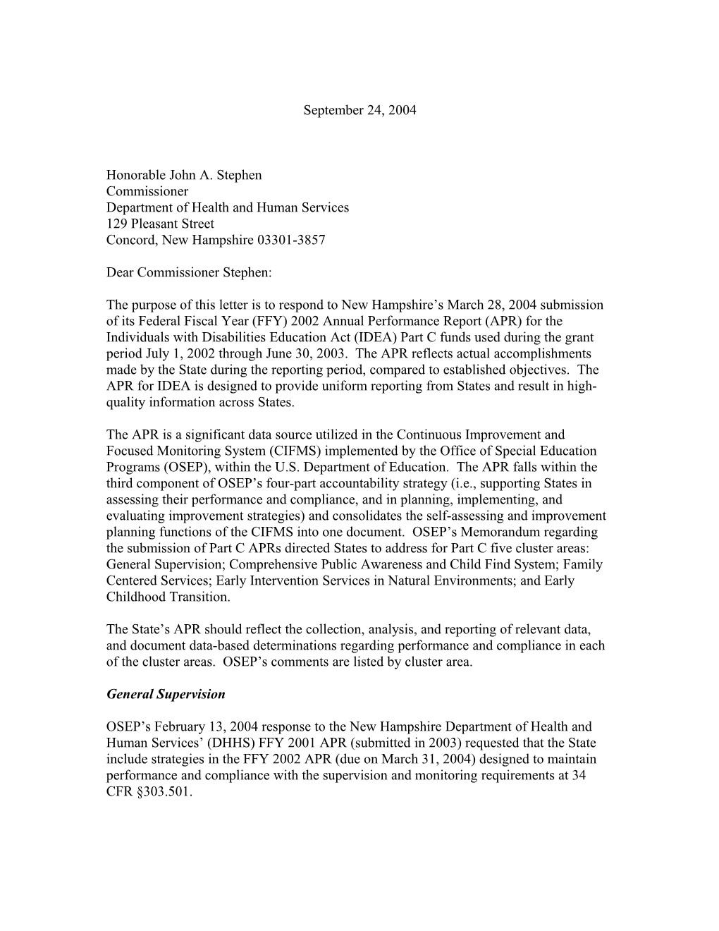New Hampshire Part C APR Letter, 2002-2003 (MS Word)