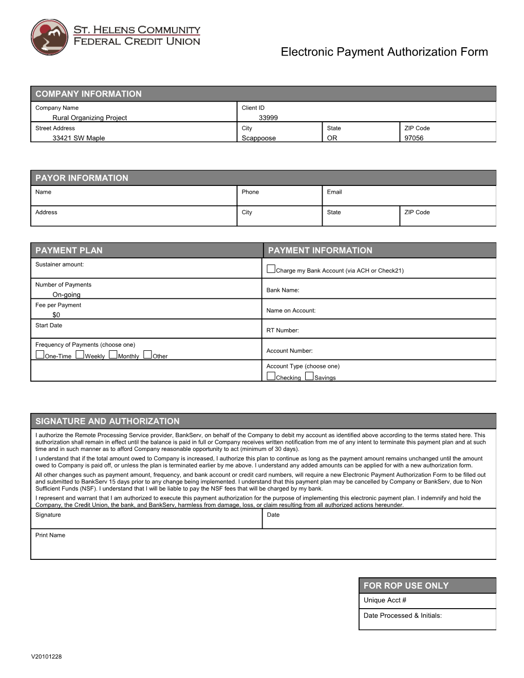 Electronic Payment Authorization Form