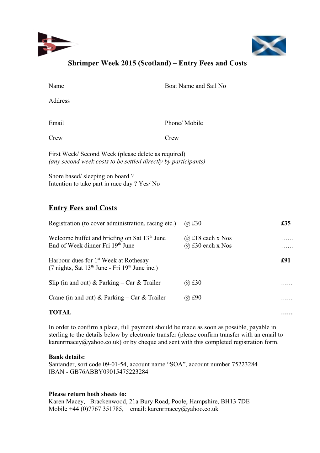 Shrimper Week 2015 (Scotland) Entry Fees and Costs