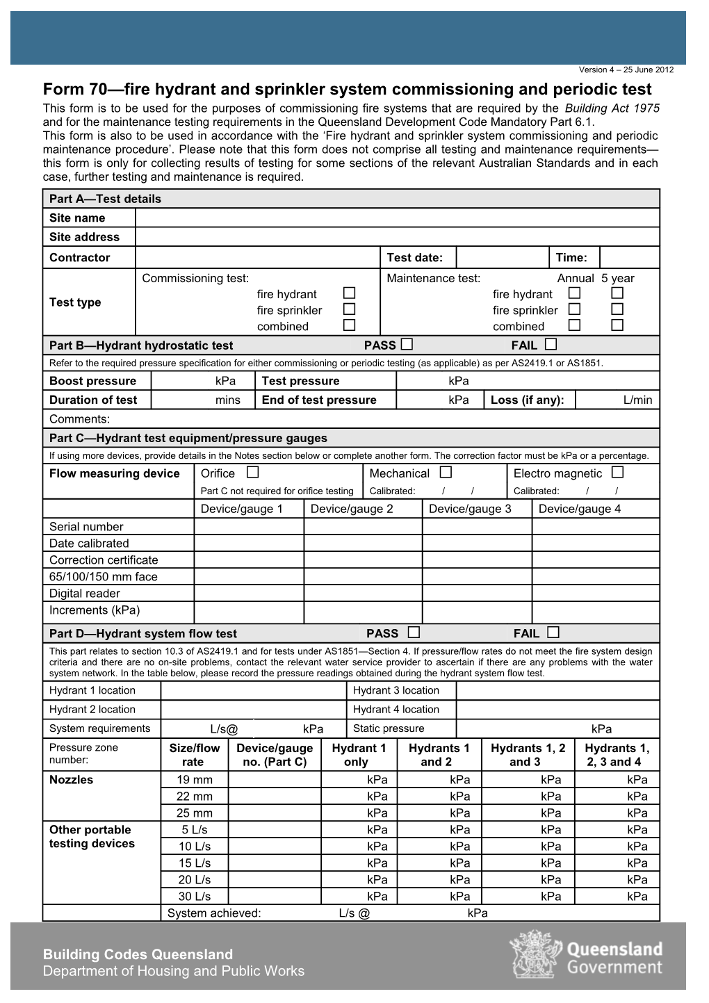 Form 70 Fire Hydrant and Sprinkler System Commissioning and Periodic Test