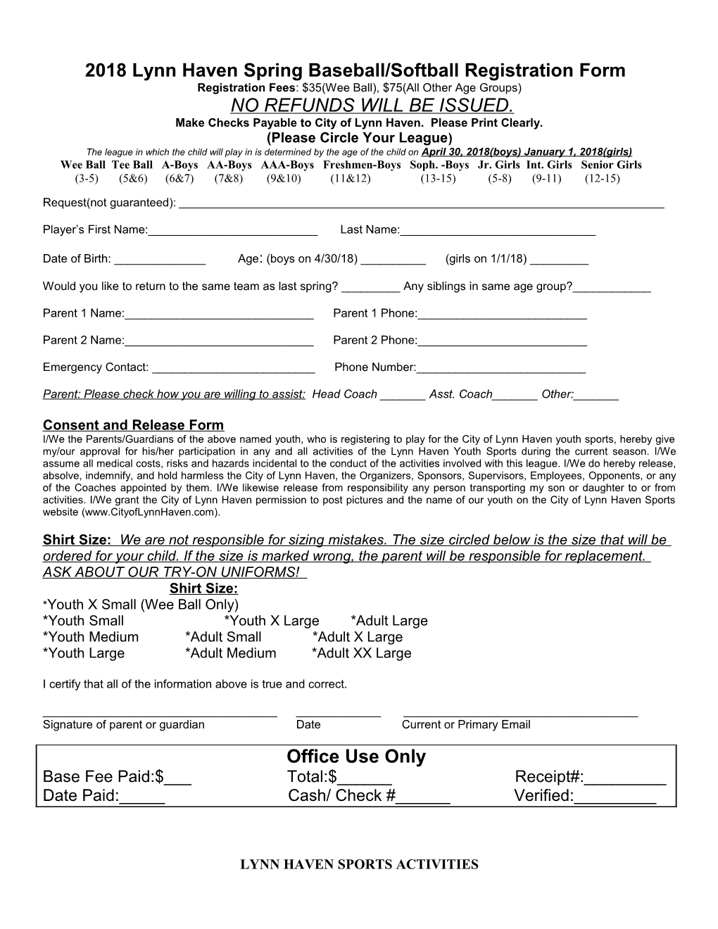 2018 Lynn Haven Spring Baseball/Softball Registration Form