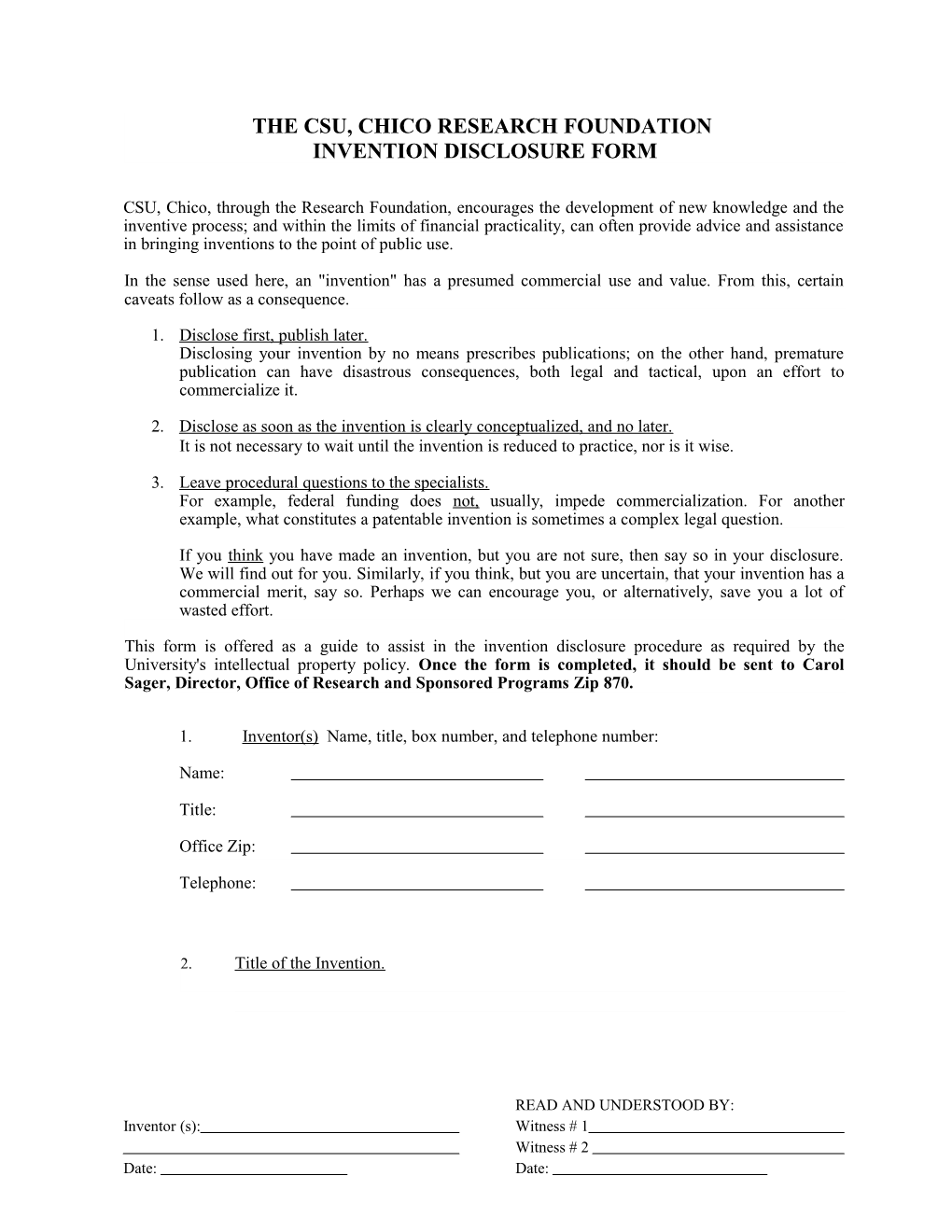 The Csu, Chico Research Foundation Invention Disclosure Form