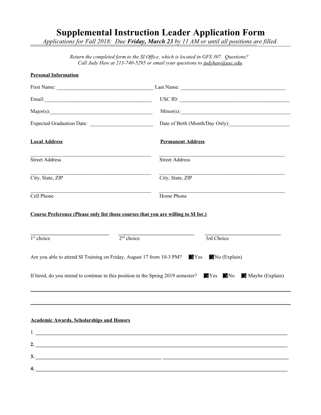 Supplemental Instruction Leader Application Form