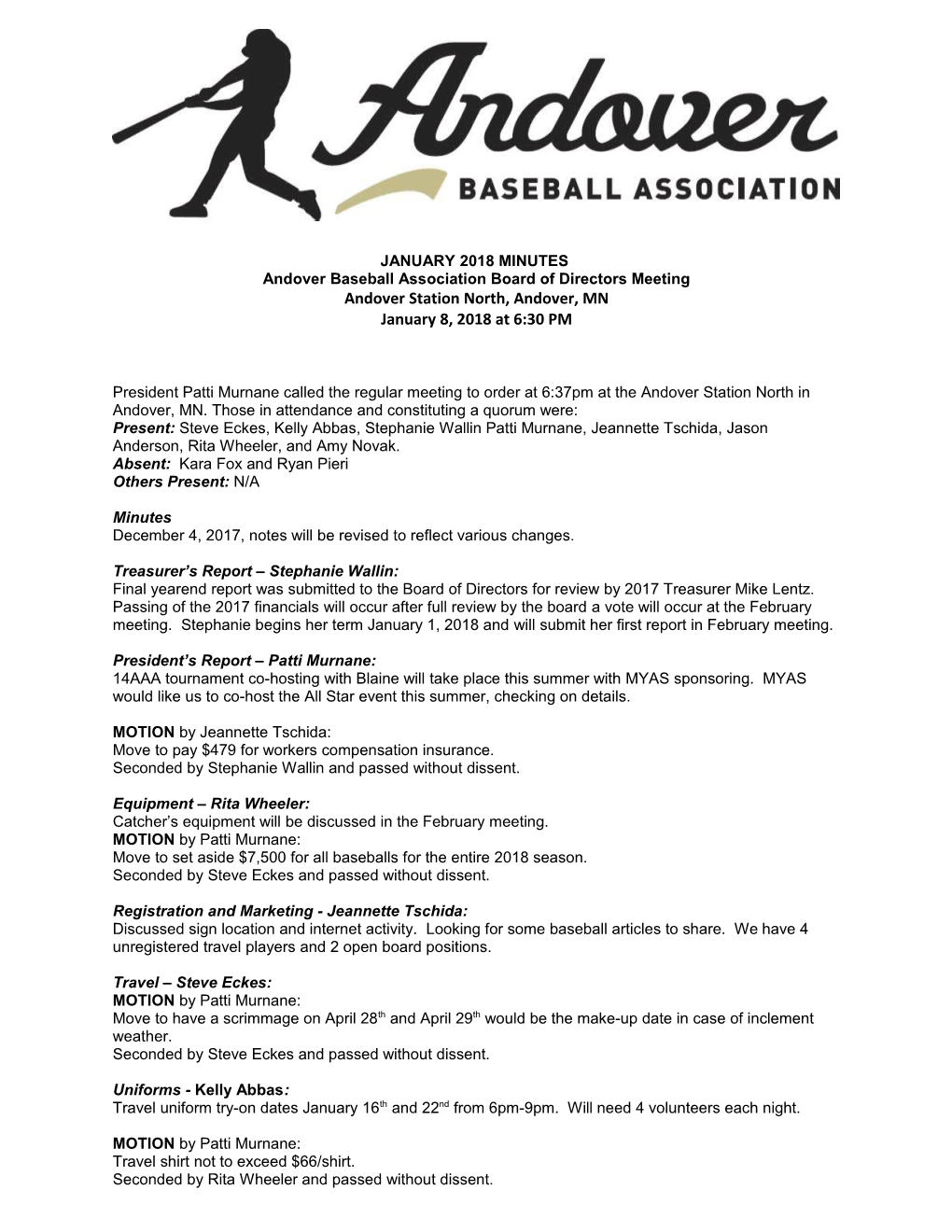 Andover Baseball Association Board of Directors Meeting
