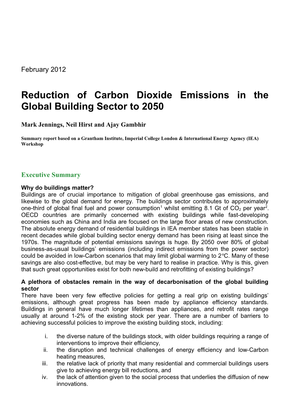 In the Global Building Sector to 2050