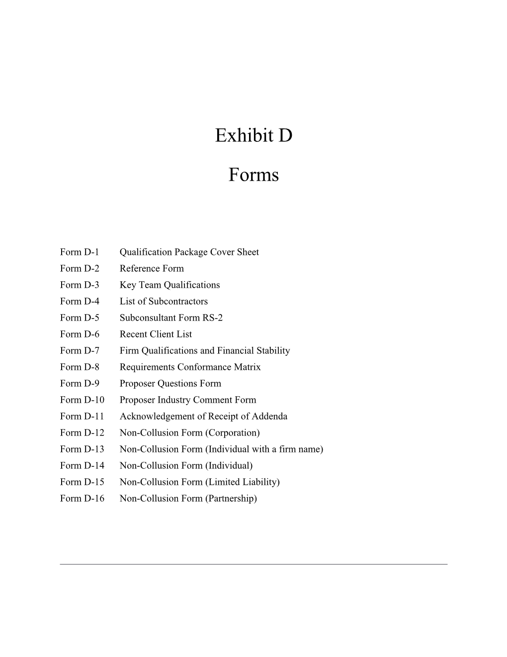 Form D-1 Qualification Package Cover Sheet