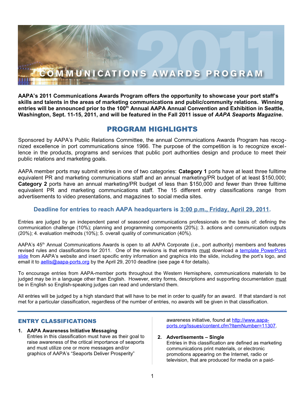 AAPA S 2011 Communications Awards Program Offers the Opportunity to Showcase Your Port