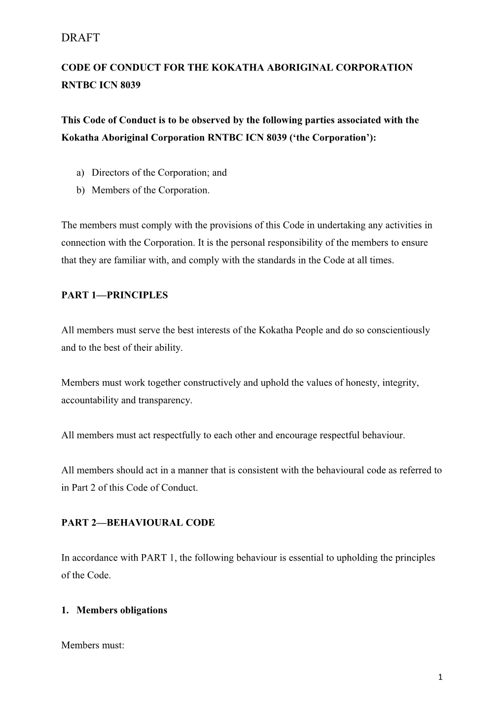 Code of Conduct for the Kokatha Aboriginal Corporation Rntbc Icn 8039