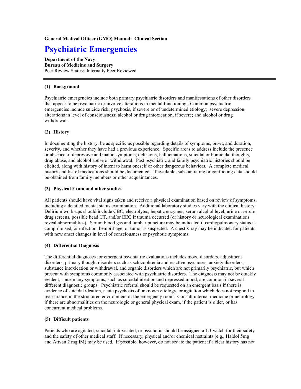 General Medical Officer (GMO) Manual: Psychiatry Emergencies
