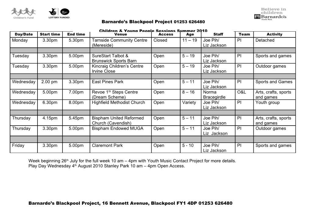 Timetable of Planned Activities